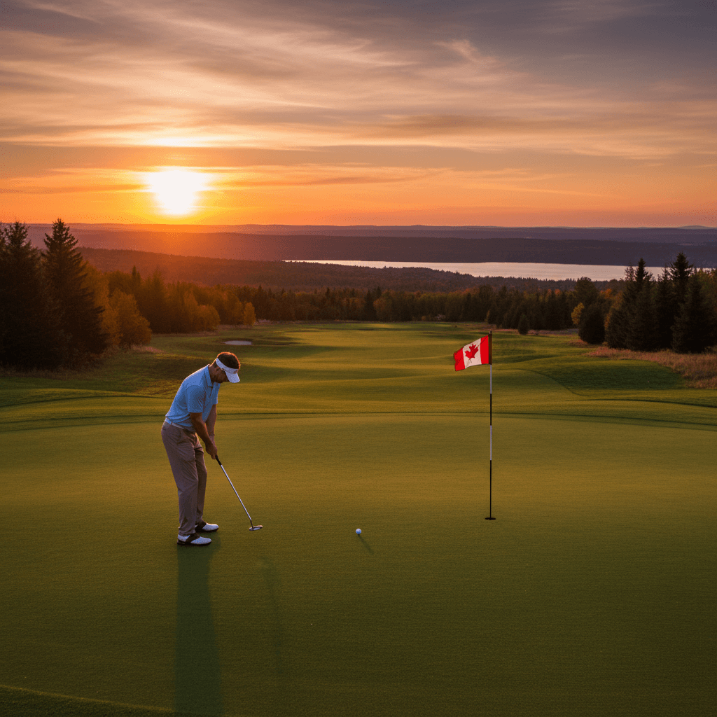 Golfer putting on a Canadian course at sunset