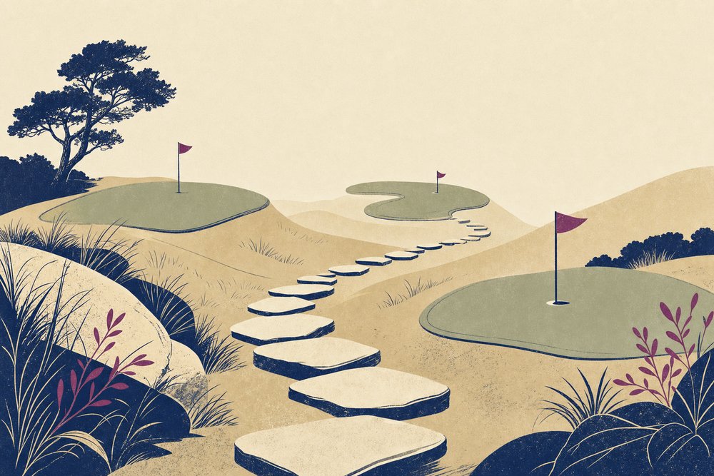 A wooden signpost at a crossing of paths on a golf course, each path leading to a different green