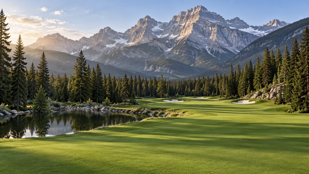 A mountain golf course surrounded by forest below limestone peaks