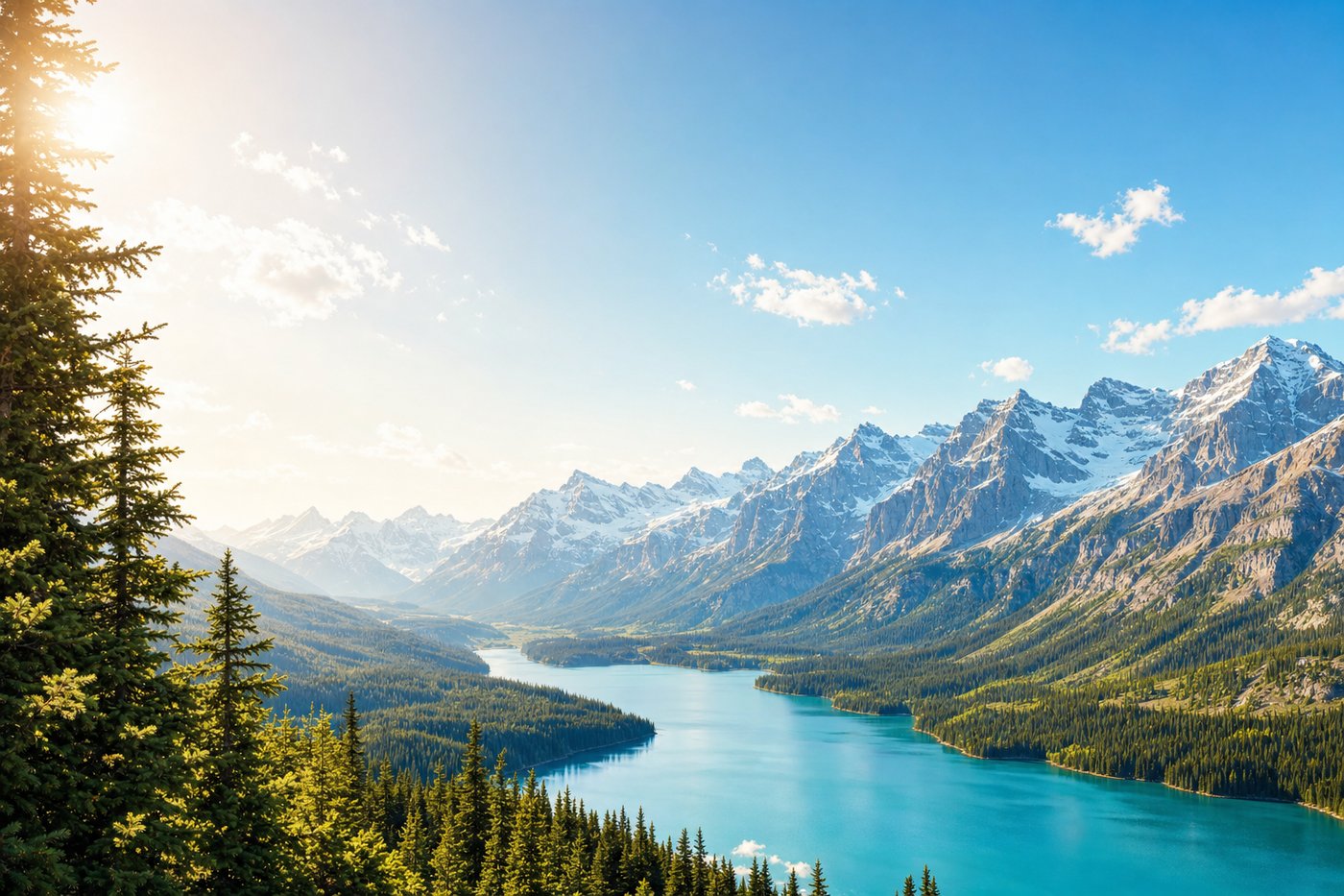 A sunlit mountain valley with a turquoise lake, framed by fir trees in the foreground