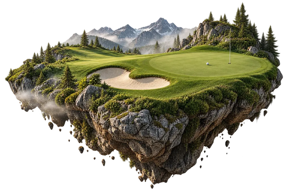 A golf green floating above the lake, with a bunker and a red flag