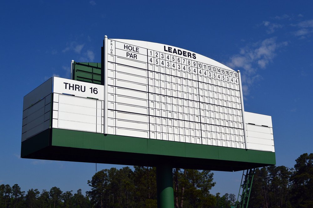 The hand-operated leaders board at Augusta National against a blue sky
