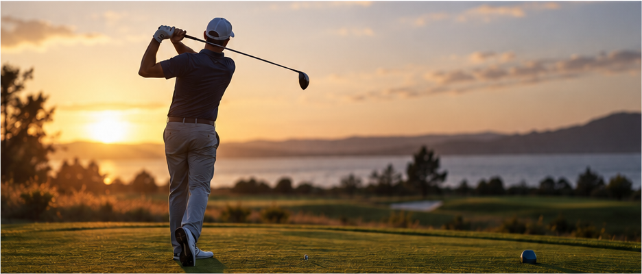 Golfer hitting a tee shot on a golf course at sunset.
